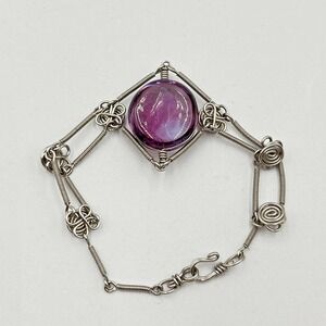 Vintage Artisan Wire Wrapped Purple Glass Cabochon Bracelet Silver Tone Boho